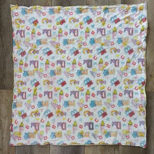 Vtg Baby Blanket Alphabet Nursery Animals 90s Fleece Handmade Cat Bear Elephant